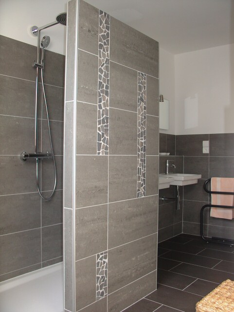 modern bathroom witl large plan and 2 basins.